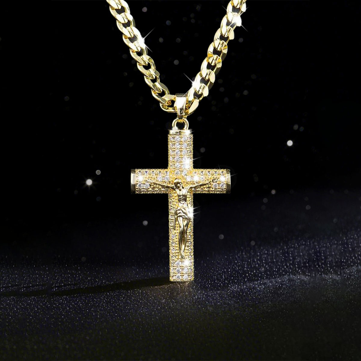 Men'S Fashion Gold Chain - สร้อยคอไม้กางเขนชุบทองสำหรับผู้ชาย เทคโนโลยีนาโนขั้นสูง ป้องกันการหมองคล้ำ พร้อมจี้พระเยซูตรึงกางเขน ดีไซน์แบบ Cuban