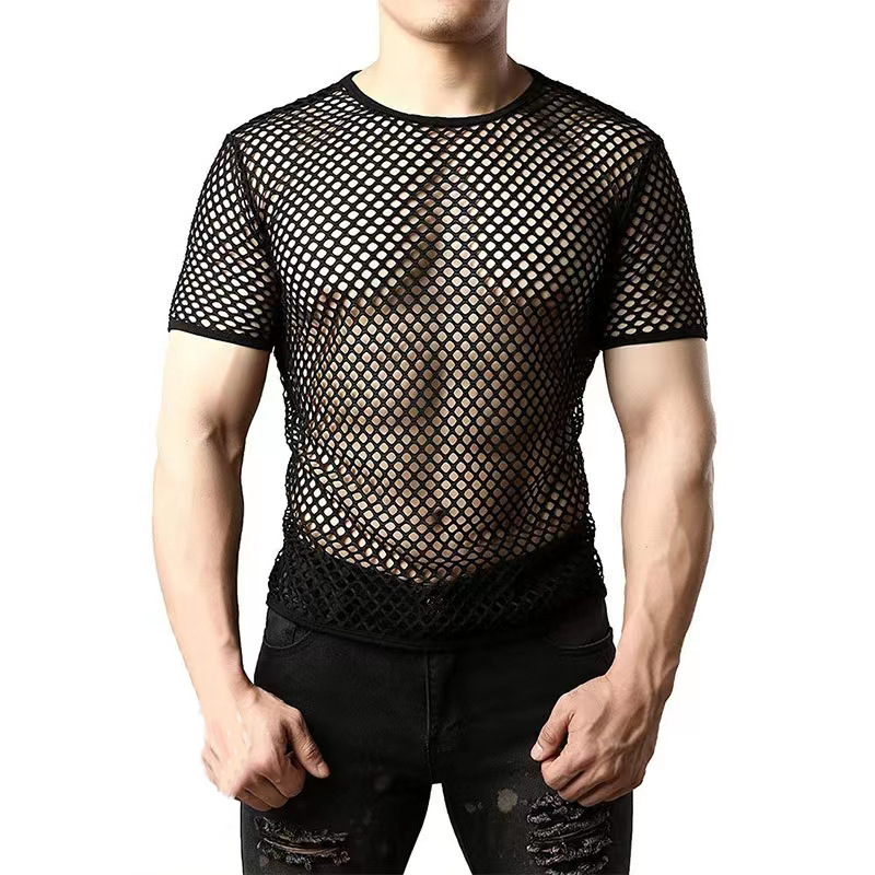 Men'S Fashion Night Out - เสื้อยืดตาข่ายสีดำสำหรับผู้ชายแบบเซ็กซี่โชว์เนื้อผ้าบางเบา รุ่น 2026 แฟชั่นคอกลม แขนสั้น เหมาะสำหรับใส่ไปเที่ยวกลางคืน