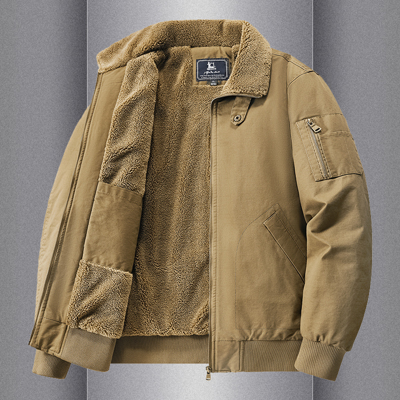 Sherpa Jacket Fleece - เสื้อแจ็คเก็ตบุผ้าฝ้ายหนา บุด้วยผ้าขนแกะ เหมาะสำหรับฤดูใบไม้ร่วงและฤดูหนาว ดีไซน์ปกเสื้อแบบหลวม ใส่สบาย เหมาะสำหรับใส่เป็นเสื้อคลุมลำลองสำหรับผู้ชาย
