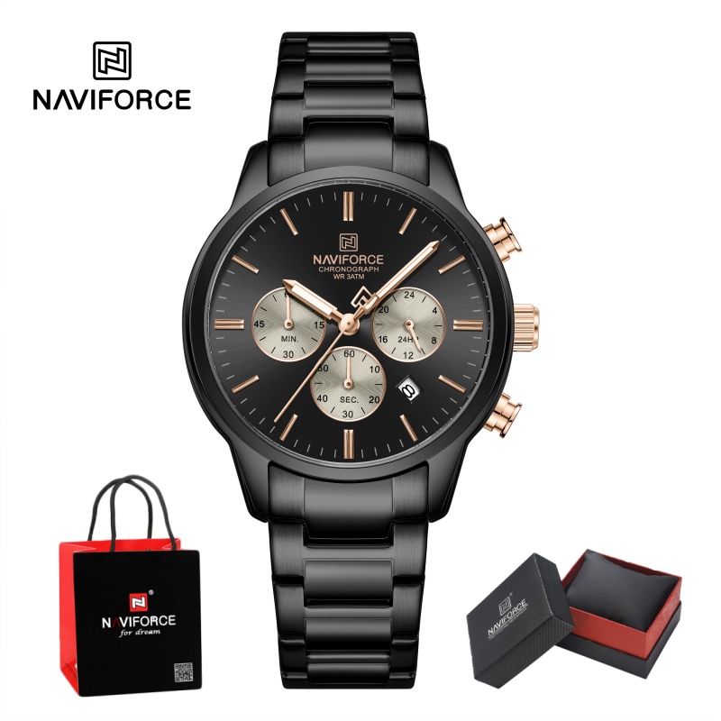Men'S Fashion Box - นาฬิกาข้อมือผู้ชาย NAVIFORCE ระบบควอตซ์โครโนกราฟ กันน้ำ แสดงวันที่ สายเหล็ก
