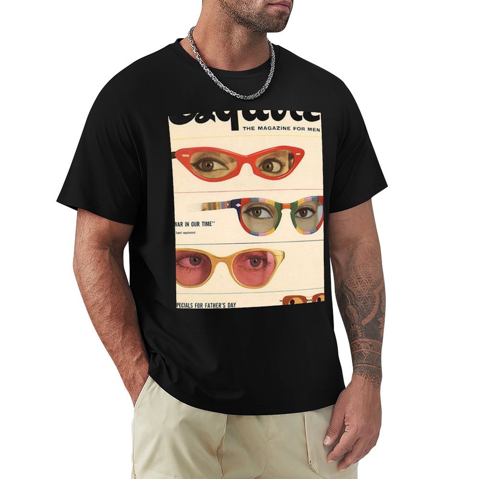 Men'S Fashion 1960S - เสื้อยืดผ้าฝ้ายลายแว่นกันแดดสไตล์นิตยสารเอสไควร์ยุค 1960s แฟชั่นย้อนยุค เสื้อยืดผู้ชาย