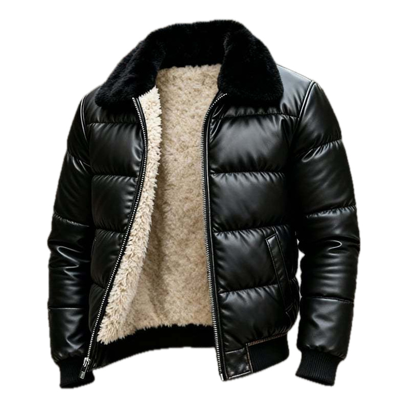 Sherpa Jacket Fleece - เสื้อแจ็คเก็ตหนัง PU สำหรับผู้ชาย บุขนแกะหนา คอปกเชอร์ปา เสื้อโค้ทกันหนาวสำหรับขี่มอเตอร์ไซค์