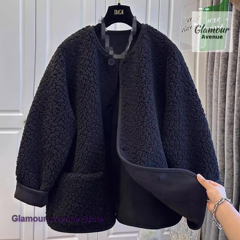 Sherpa Jacket Fleece - เสื้อโค้ทขนแกะสไตล์เกาหลีสำหรับผู้หญิง ฤดูใบไม้ร่วงและฤดูหนาว แฟชั่นใหม่ เสื้อสเวตเตอร์มีฮู้ด ทรงหลวม สไตล์ลำลอง