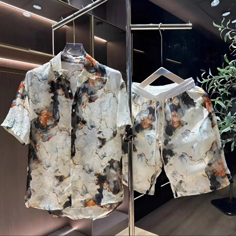 Men'S Fashion Course - ชุดลำลองแฟชั่นทันสมัยสำหรับผู้ชาย กางเกงขาสั้นและเสื้อเชิ้ตลายพิมพ์สุดหรูสองชิ้น