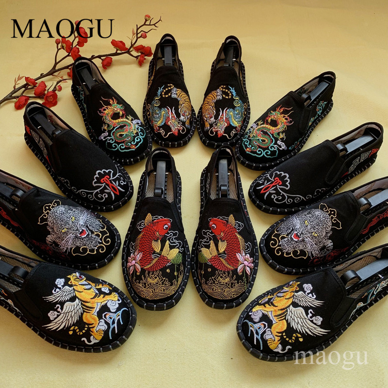 Men'S Fashion Loafers - รองเท้าสวมแบบยูนิเซ็กส์สไตล์จีน ลายปักมังกรและเสือ พื้นรองเท้าเย็บติด รองเท้าลำลองแบบดั้งเดิมสำหรับผู้ชายและผู้หญิง