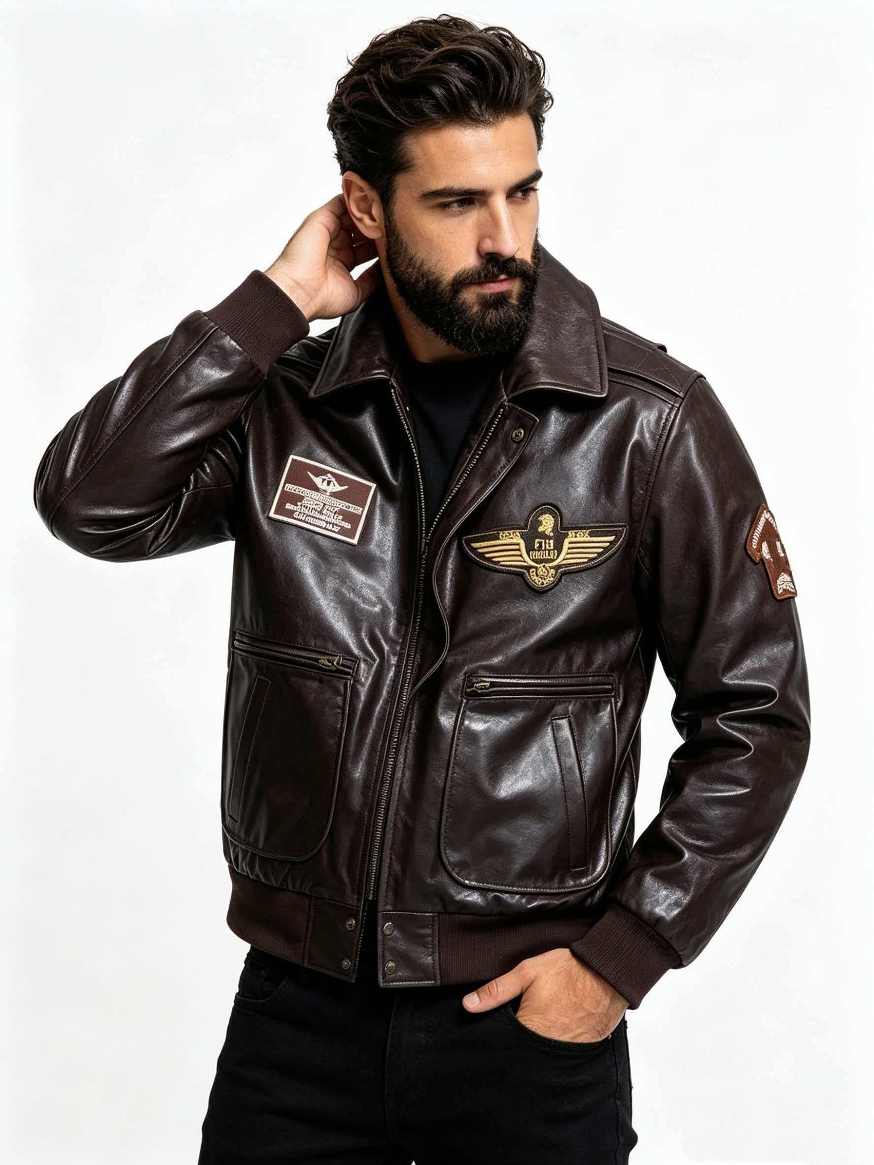 เสื้อแจ็คเก็ตนักบินหนังแท้สำหร - Bomber Jacket Men บทวิจารณ์และราคา